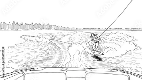 Wakeboarding adventure: a line art depiction of water sports enthusiasm