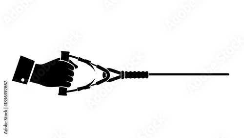 Silhouette of a hand gripping a fishing rod with reel and line on white background