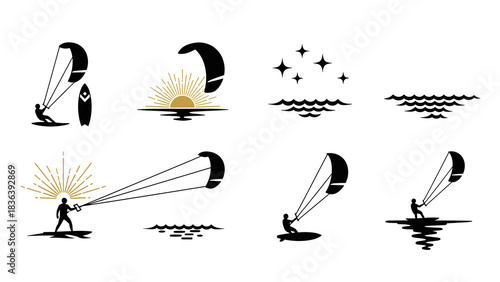 Kite surfing icons: minimalist black and gold sun and sea motifs