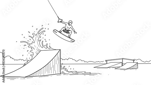 Wakeboarder performing trick on cable park ramp - dynamic line art illustration