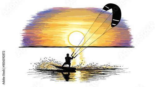 Kitesurfing at sunset: vibrant silhouette on ocean waves