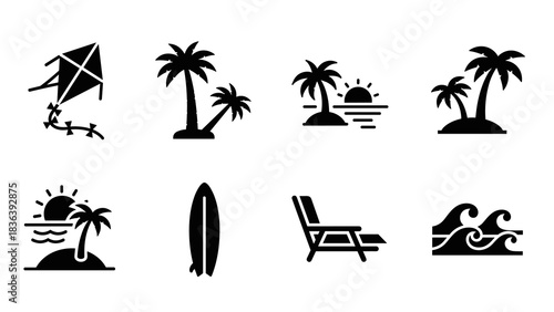 Beach vibes: silhouette icon set with kites, palms, surfboards, and waves