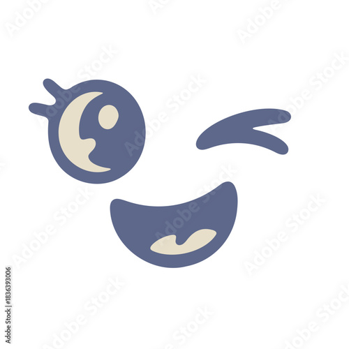 Illustration of a cartoonish winking face with one eye closed and a smiling mouth on a white background