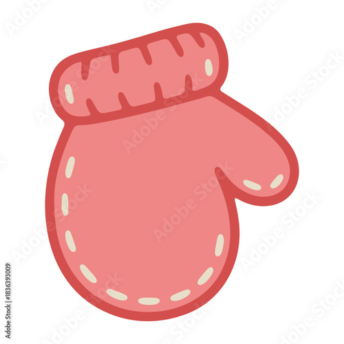 Illustration of a pink mitten with a knitted cuff and decorative stitching on a white background view