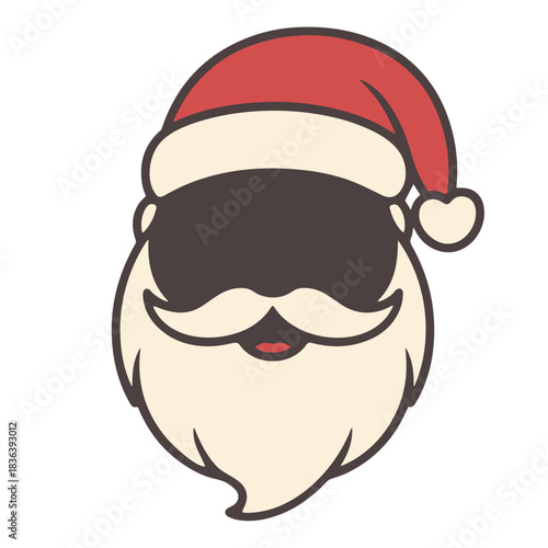 Illustration of santa claus face with red hat and white beard and black sunglasses on a white background