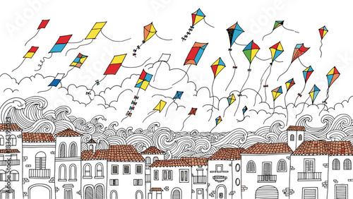 Colorful kites soaring above mediterranean village with swirling clouds