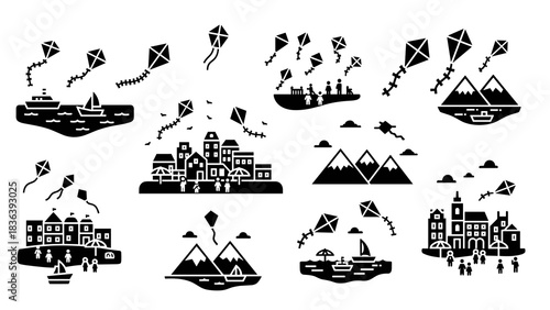 Festive kite flying silhouettes over landscapes and urban scenes