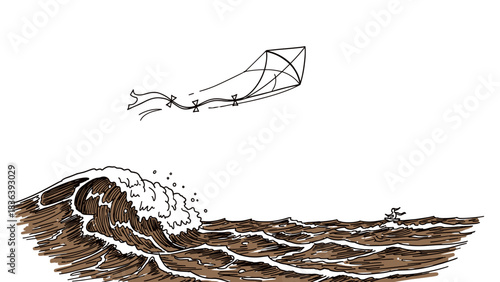 Sketch style waves and kite depiction with person battling nature's forces