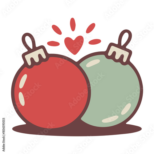 Two christmas ornaments red and green with a heart above them in a cartoon style illustration