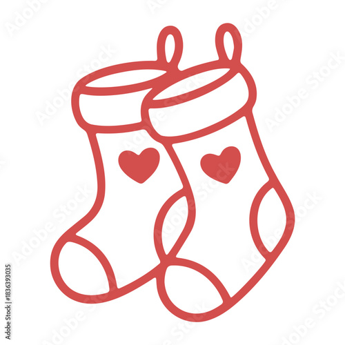 Illustration of two christmas stockings with heart designs hanging side by side in a red outline style