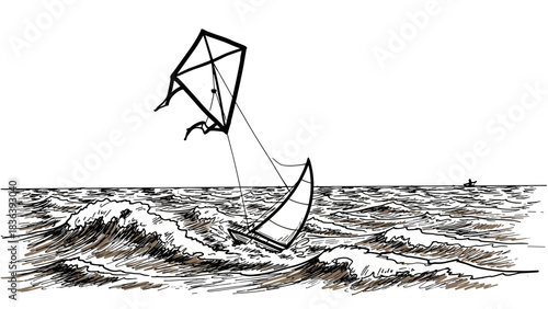 Kite surfer navigating through rough ocean waves in black and white sketch