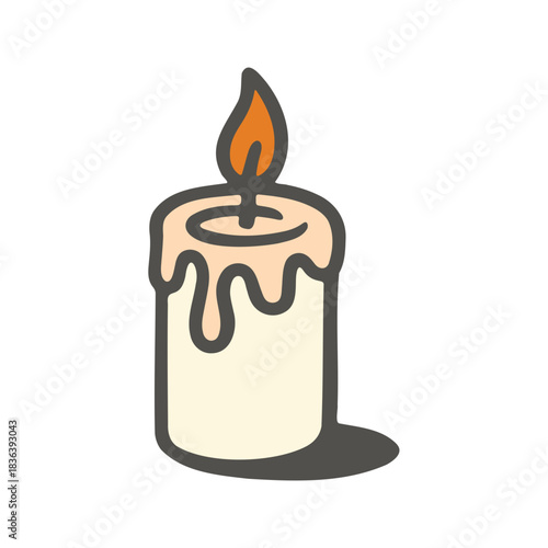 Illustration of a lit candle with dripping wax and a small shadow on a white background design element