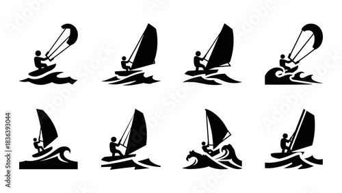 Silhouette collection of windsurfing and kiteboarding icons on waves
