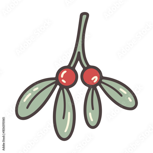 Illustration of a mistletoe branch with green leaves and red berries for christmas holiday season decor
