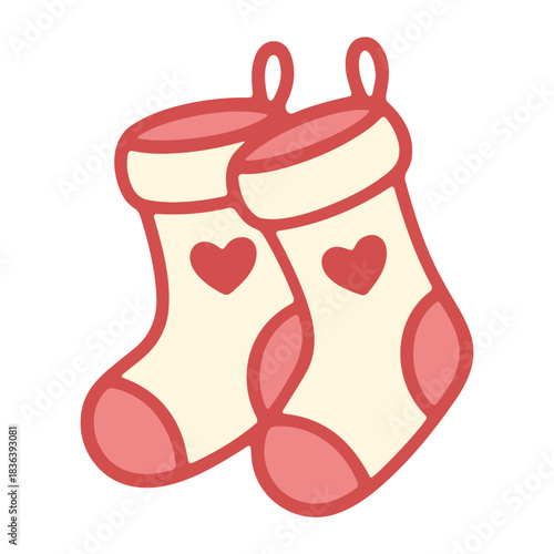 Two christmas stockings with heart shapes and pink trim hanging side by side in a festive holiday theme