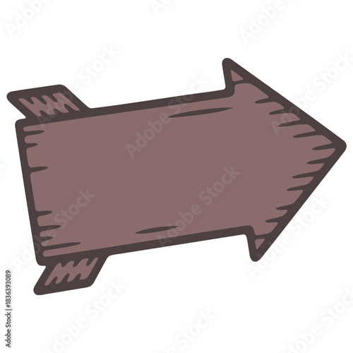 A rustic wooden arrow sign pointing right with a rough hewn texture and a simple design element here