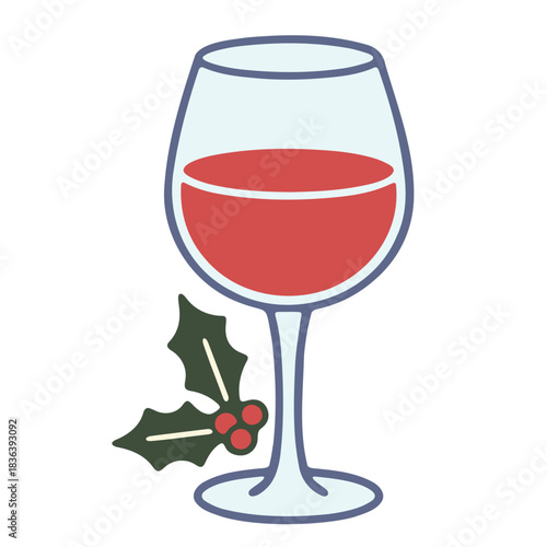 Illustration of a wine glass filled with red wine and a holly sprig at the bottom of the glass