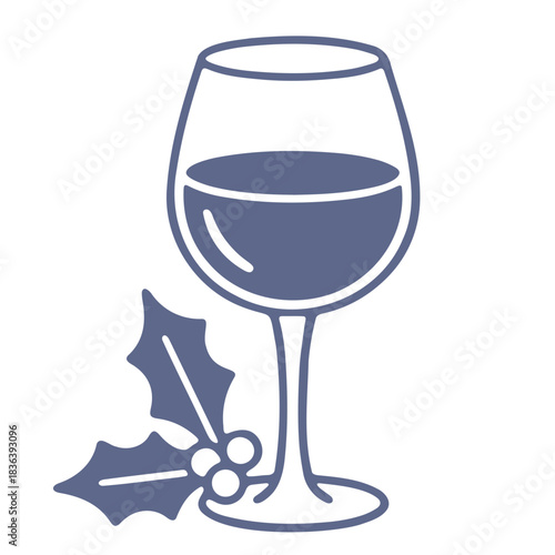 Illustration of a wine glass filled with liquid and holly leaves with berries in a festive style