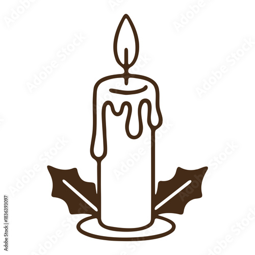 Illustration of a single candle with dripping wax and holly leaves at the base in a simple line drawing
