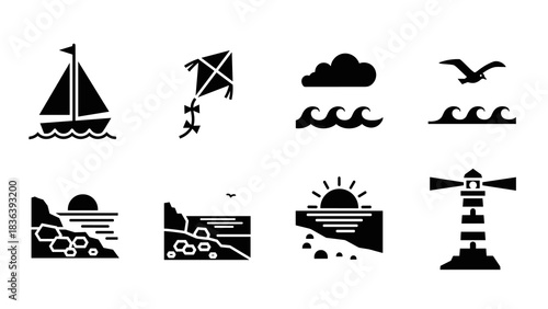 Nautical icons collection: sailboat, lighthouse, kite, sunsets, and waves silhouettes