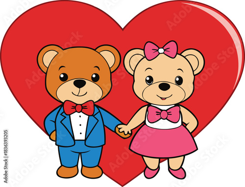 Cartoon teddy bear couple holding hands with a large red heart
