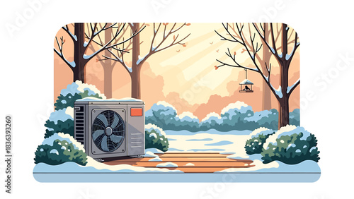 Outdoor heat pump unit in a snowy winter landscape with trees and bushes.