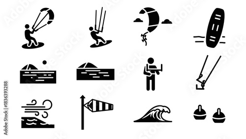Water sports icons set featuring kiteboarding and marine activities