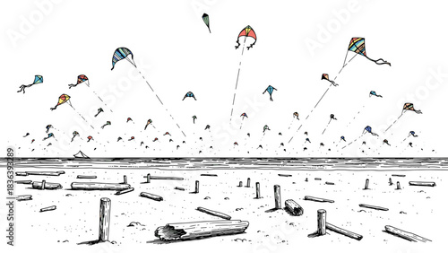 Colorful kites soaring over driftwood beach in hand-drawn style