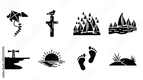 Sailing and coastal elements in artistic silhouette design