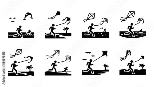 Dynamic silhouette scenes of people enjoying kite flying outdoors by the beach