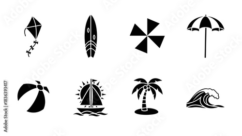 Summer beach icons: surfboard, umbrella, kite, and more in black silhouette