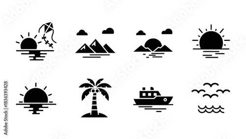 Minimalist beach and nature icons: sunrise, mountains, palms, boats, waves