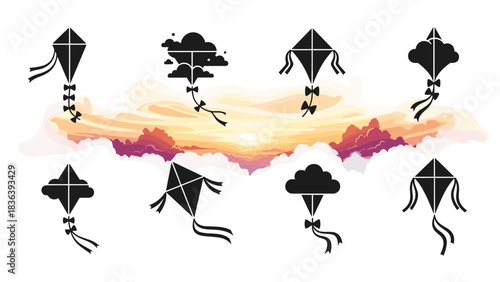 Artistic kite silhouettes set against vibrant sunset background