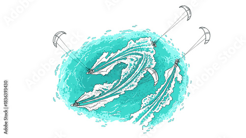 Dynamic aerial view of kite surfers creating patterns on turquoise waters