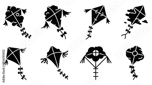 Silhouette kite designs collection: unique black shapes with tails