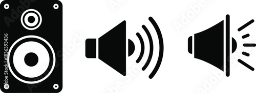 Speaker and Sound Wave Icon Set Representing Audio Output, Volume Control, Loudness Levels, and Multimedia Device Interface in Vector Style