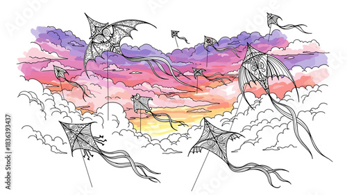 Whimsical kites soar in a vibrant sunset sky with intricate patterns and watercolor clouds