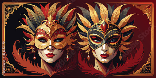 Elegant venetian masquerade masks with feathers and jewels