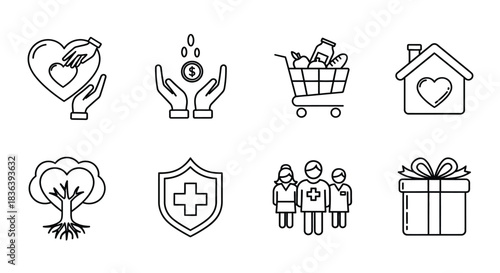 Collection of hand drawn icons representing charity and giving