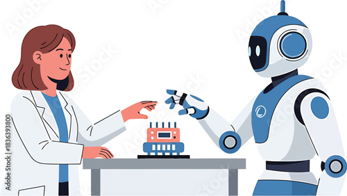 Female engineer programming robot arm