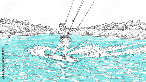 Dynamic kiteboarding scene with waves and rocky shoreline in detailed linear art