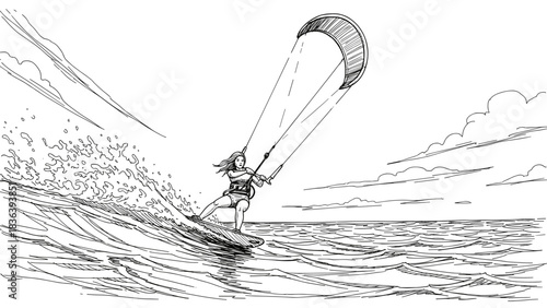 Woman kite surfing in dynamic waves with kiteboard and harness in black and white sketch