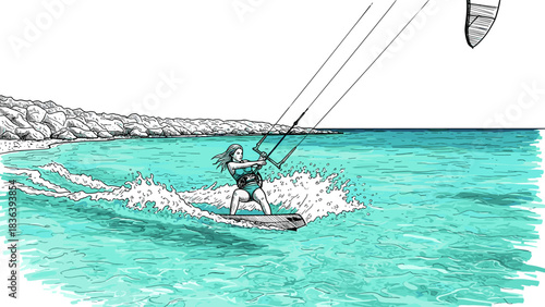 Dynamic kiteboarding adventure in clear turquoise waters with rugged shoreline