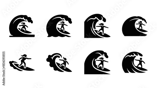 Silhouette surfer icons featuring stylized waves and dynamic surfing poses