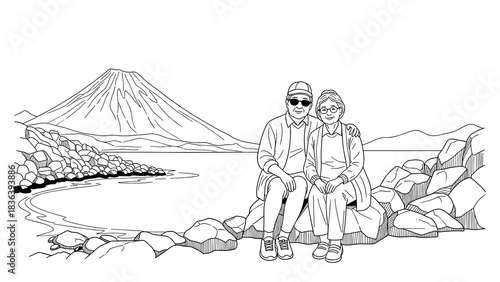 Elderly couple relaxing by mountain lake in black and white line art
