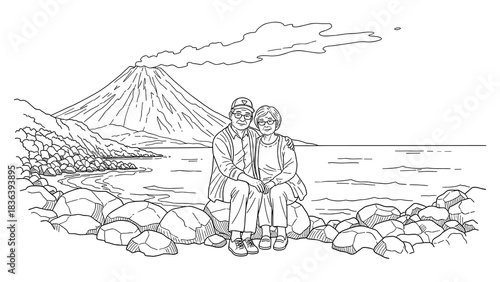 Elderly couple sitting by coastal rocks with volcanic mountain in background in linear style