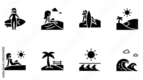 Minimalist beach silhouettes: surfing, sunbathing, and tropical scenes