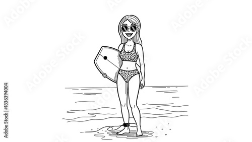 Woman in leopard bikini with surfboard on beach