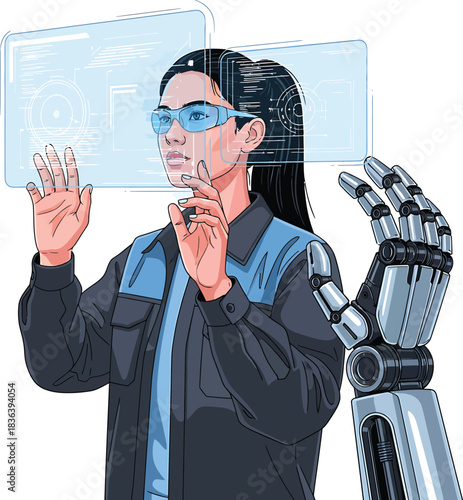 Female engineer programming robot arm