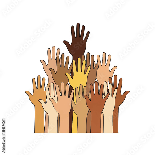 Diverse Hands Raised Together Illustrating Unity and Community.